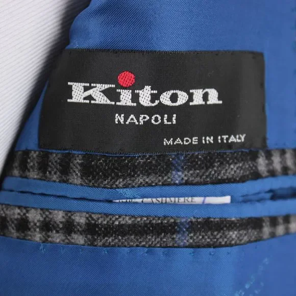 Kiton Sport Coat Size 48 38R US Black Gray & Blue Plaid Vicuna/Cashmere/Silk - Picture 8 of 10